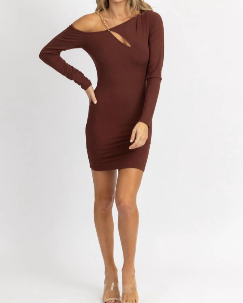 Front of a model wearing a size L Asymmetrical Chain Trim Mini Dress In Brownie in Brownie by ENDLESS BLU.. | dia_product_style_image_id:351436